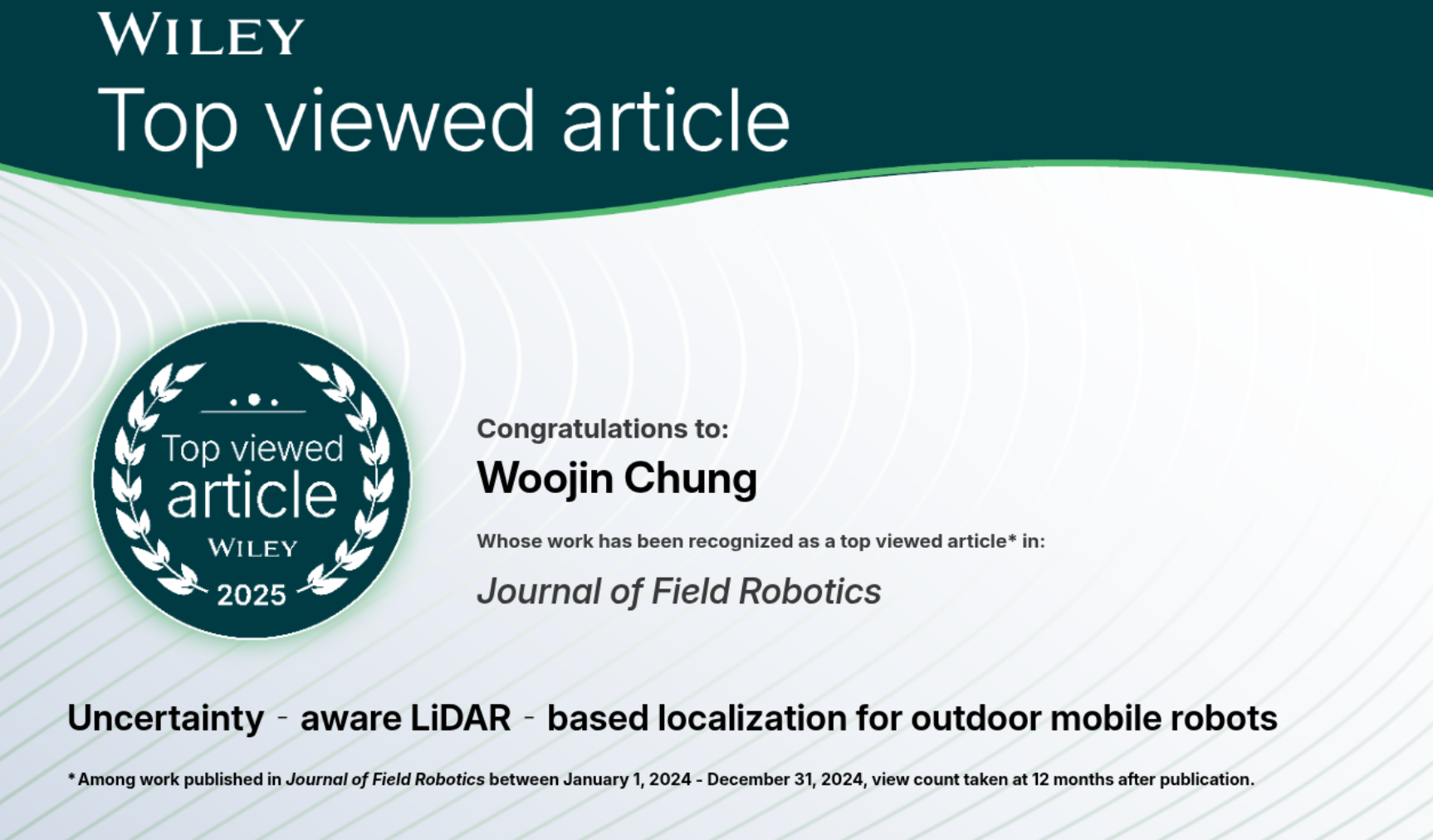 "Uncertainty-aware LiDAR-based Localization for Outdoor Mobile Robots" Selected as a Top 10% Most-Viewed Paper in the Journal of Field Robotics